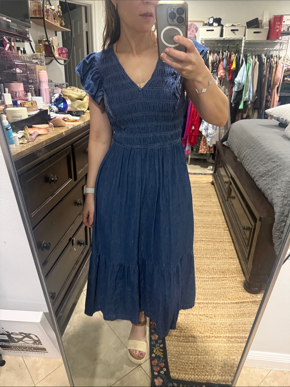 GAP Navy Blue Smocked V-Neck Midi Dress with Flutter Sleeves